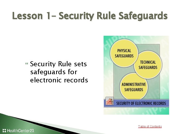 Lesson 1– Security Rule Safeguards Security Rule sets safeguards for electronic records Table of