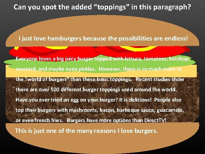 Can you spot the added “toppings” in this paragraph? I just love hamburgers because