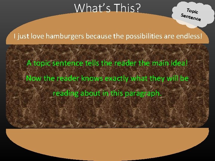 What’s This? Topic Sente nce I just love hamburgers because the possibilities are endless!