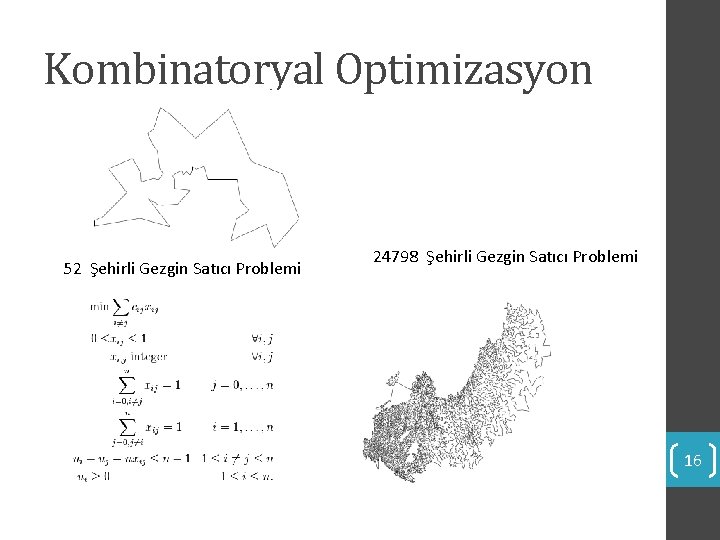 Kombinatoryal Optimizasyon 52 Şehirli Gezgin Satıcı Problemi 24798 Şehirli Gezgin Satıcı Problemi 16 