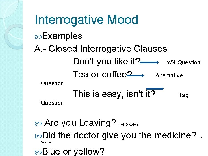 Interrogative Mood Examples A. - Closed Interrogative Clauses Don’t you like it? Y/N Question