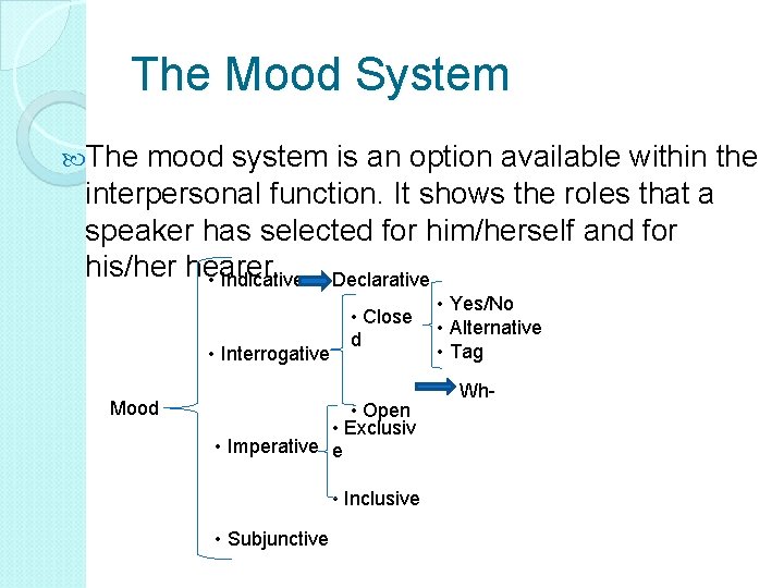 The Mood System The mood system is an option available within the interpersonal function.