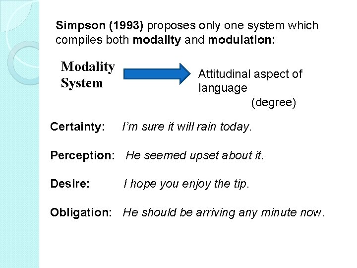 Simpson (1993) proposes only one system which compiles both modality and modulation: Modality System