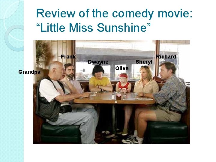 Review of the comedy movie: “Little Miss Sunshine” Frank Grandpa Dwayne Sheryl Olive Richard