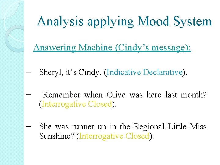 Analysis applying Mood System Answering Machine (Cindy’s message): – Sheryl, it´s Cindy. (Indicative Declarative).