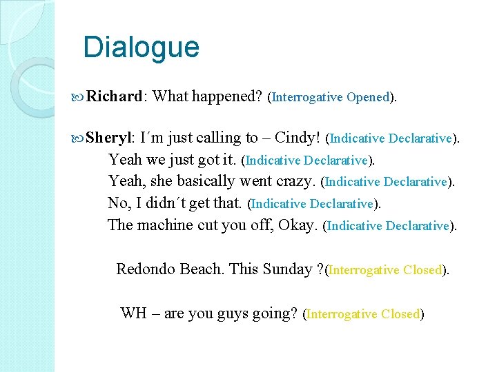 Dialogue Richard: What happened? (Interrogative Opened). Sheryl: I´m just calling to – Cindy! (Indicative