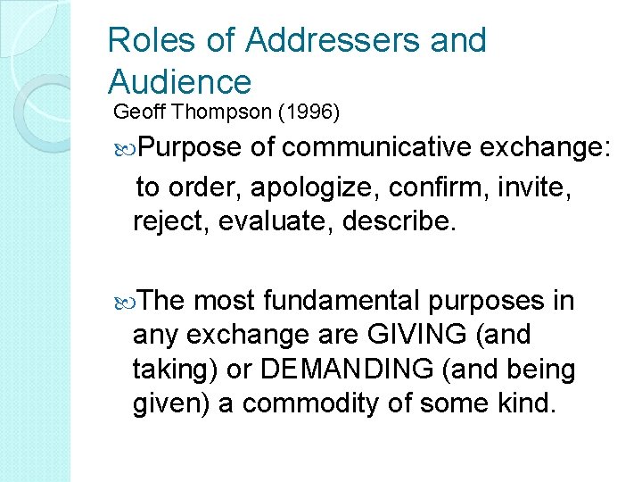 Roles of Addressers and Audience Geoff Thompson (1996) Purpose of communicative exchange: to order,