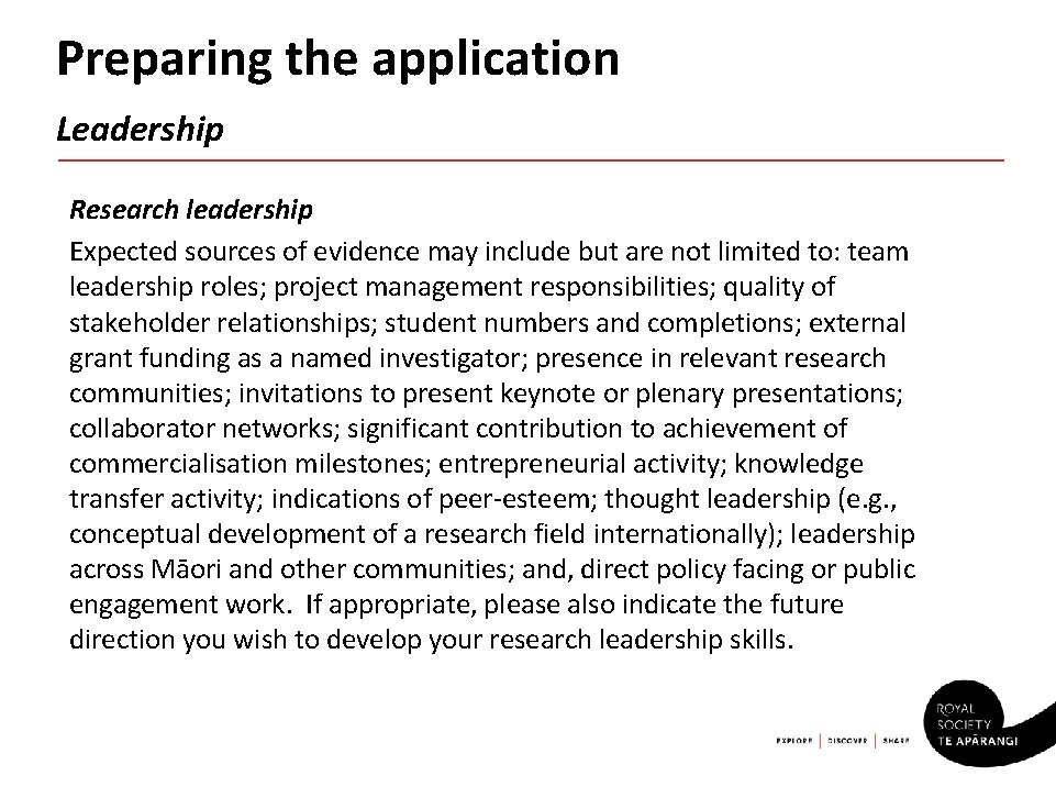 Preparing the application Leadership Research leadership Expected sources of evidence may include but are