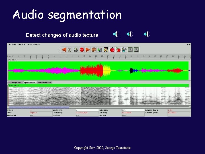 Audio segmentation Detect changes of audio texture Copyright Nov. 2002, George Tzanetakis 