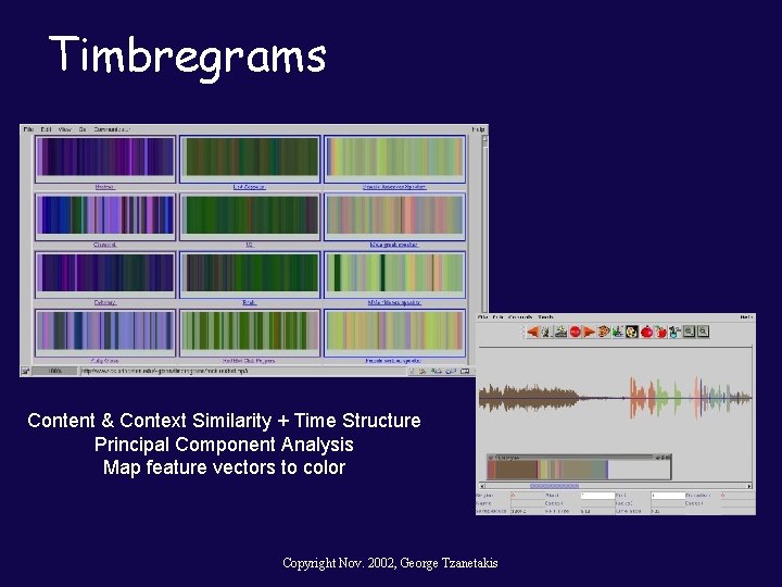 Timbregrams Content & Context Similarity + Time Structure Principal Component Analysis Map feature vectors