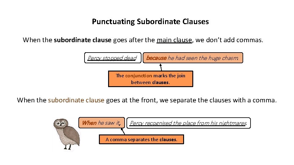 Punctuating Subordinate Clauses When the subordinate clause goes after the main clause, we don’t