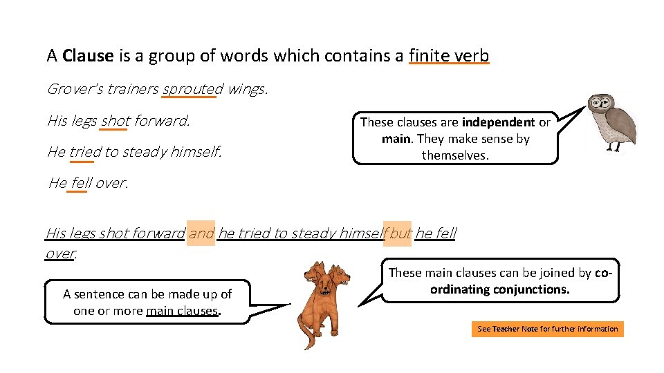 A Clause is a group of words which contains a finite verb Grover’s trainers