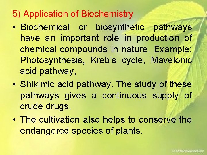5) Application of Biochemistry • Biochemical or biosynthetic pathways have an important role in
