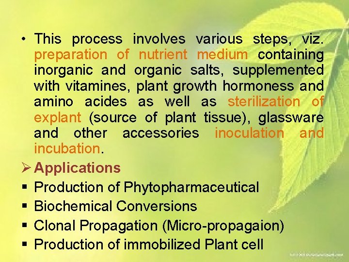  • This process involves various steps, viz. preparation of nutrient medium containing inorganic