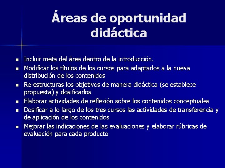 Áreas de oportunidad didáctica n n n Incluir meta del área dentro de la