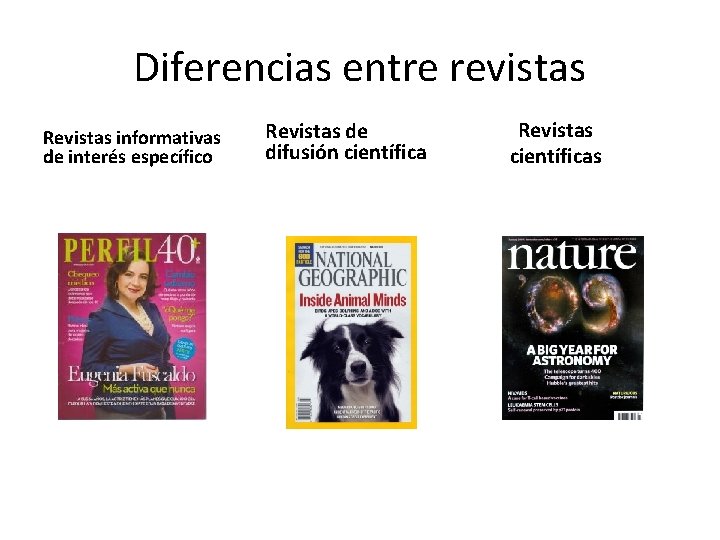 Diferencias entre revistas Revistas informativas de interés específico Revistas de difusión científica Revistas científicas