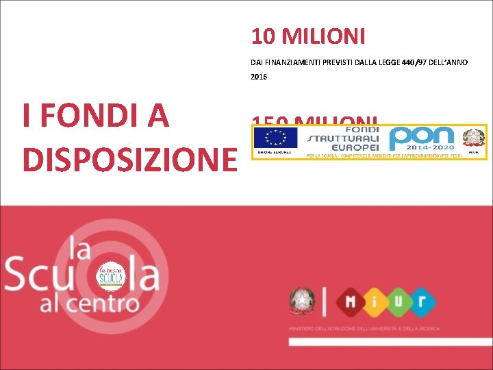 10 MILIONI DAI FINANZIAMENTI PREVISTI DALLA LEGGE 440/97 DELL’ANNO 2016 I FONDI A DISPOSIZIONE