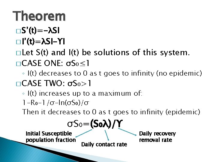 Theorem � S’(t)=-λSI � I’(t)=λSI-ϒI � Let S(t) and I(t) be solutions of this