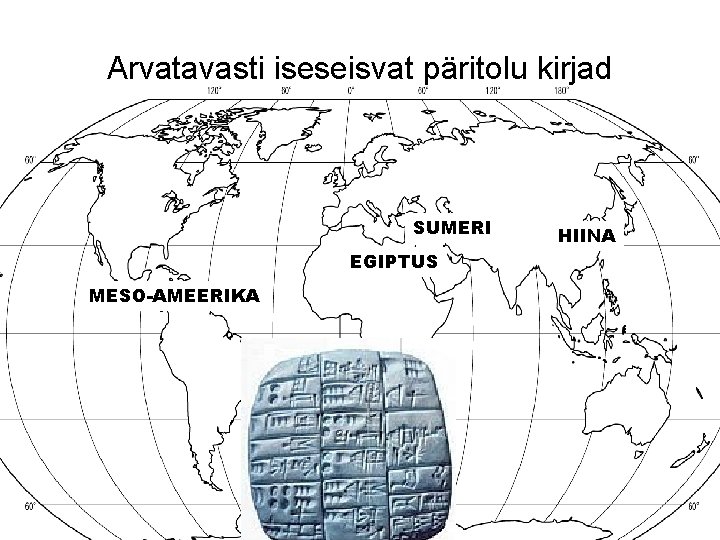 Arvatavasti iseseisvat päritolu kirjad SUMERI EGIPTUS MESO-AMEERIKA HIINA 