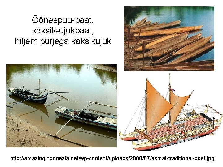 Õõnespuu-paat, kaksik-ujukpaat, hiljem purjega kaksikujuk http: //amazingindonesia. net/wp-content/uploads/2008/07/asmat-traditional-boat. jpg 