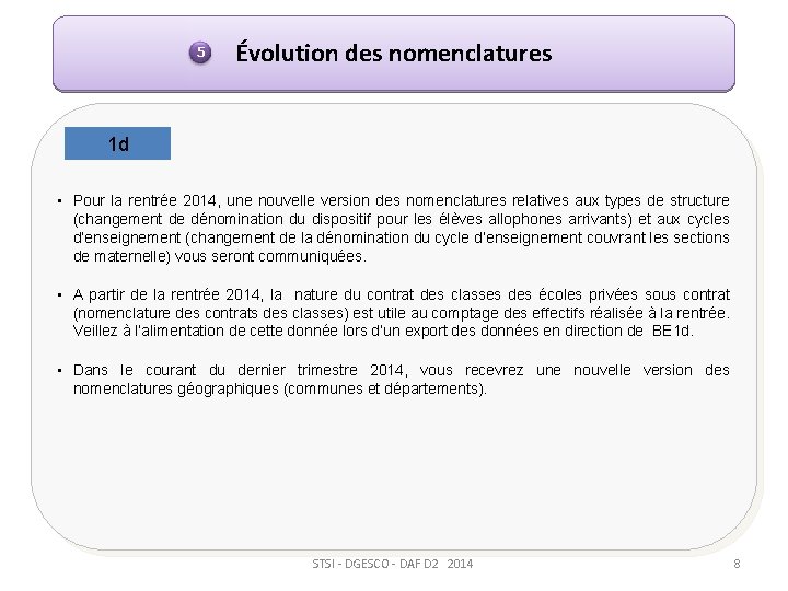 5 Évolution des nomenclatures 1 d • Pour la rentrée 2014, une nouvelle version 5 Évolution des nomenclatures 1 d • Pour la rentrée 2014, une nouvelle version