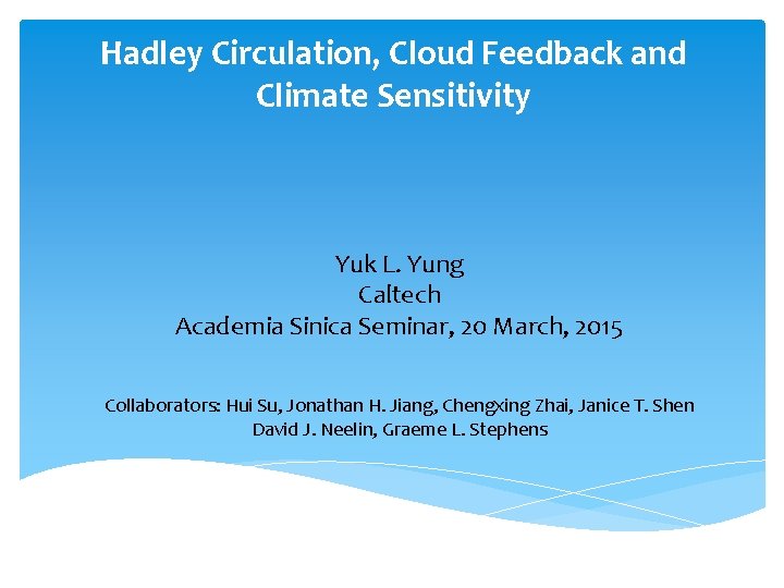 Hadley Circulation, Cloud Feedback and Climate Sensitivity Yuk L. Yung Caltech Academia Sinica Seminar,