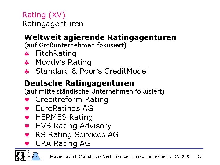 Rating (XV) Ratingagenturen Weltweit agierende Ratingagenturen (auf Großunternehmen fokusiert) § Fitch. Rating § Moody‘s
