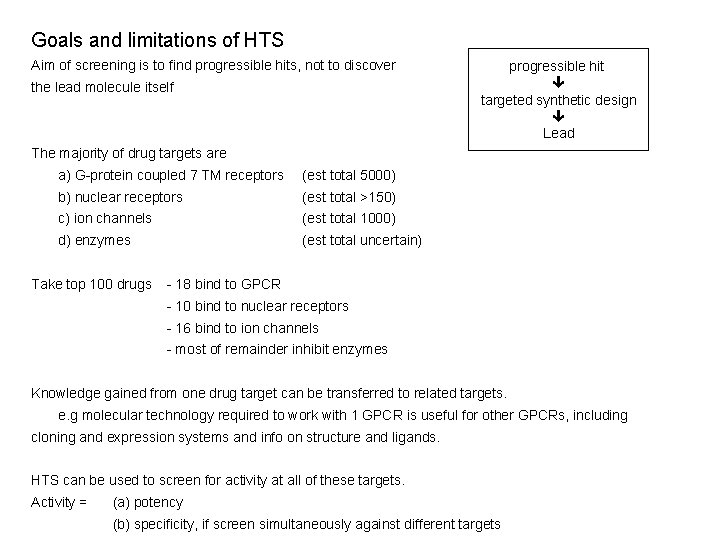 Goals and limitations of HTS Aim of screening is to find progressible hits, not