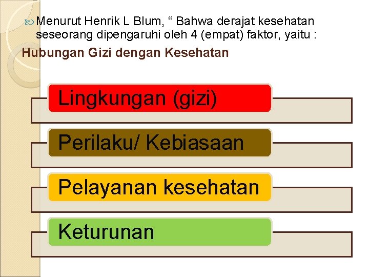  Menurut Henrik L Blum, “ Bahwa derajat kesehatan seseorang dipengaruhi oleh 4 (empat)