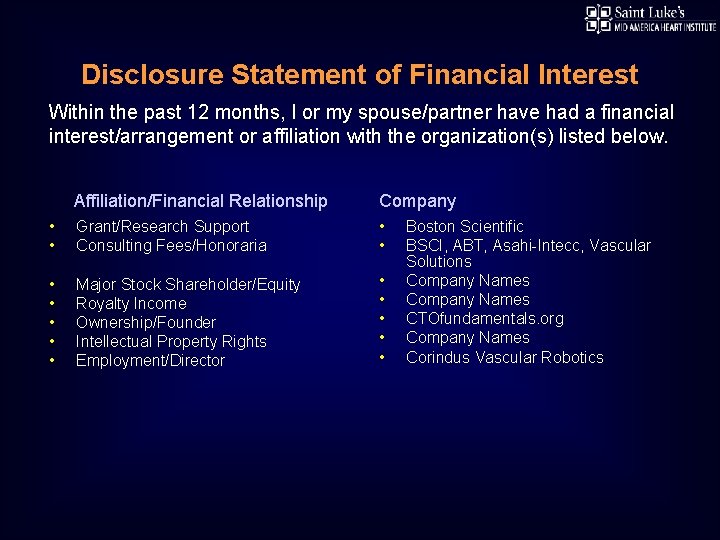 Disclosure Statement of Financial Interest Within the past 12 months, I or my spouse/partner