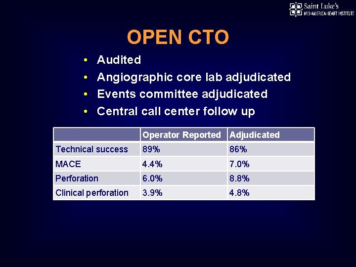 OPEN CTO • • Audited Angiographic core lab adjudicated Events committee adjudicated Central call