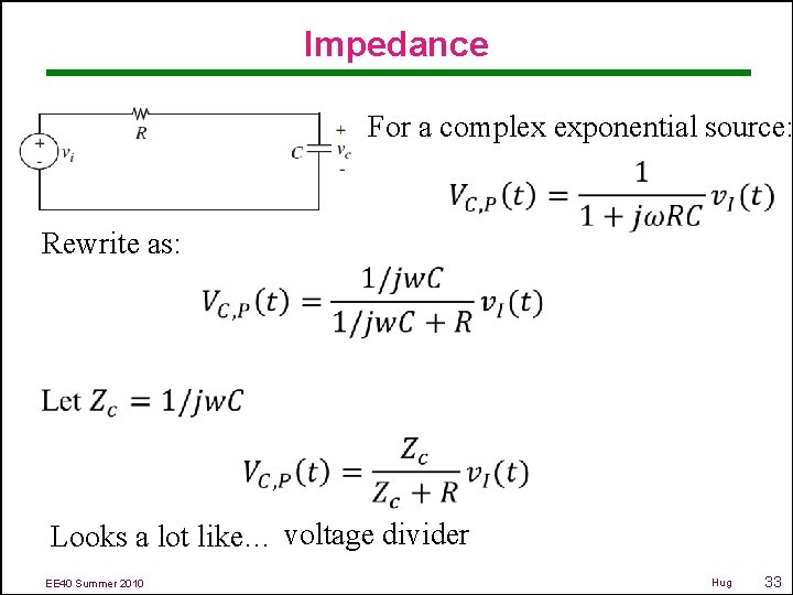 Impedance For a complex exponential source: Rewrite as: Looks a lot like… voltage divider