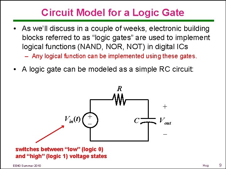 Circuit Model for a Logic Gate • As we’ll discuss in a couple of