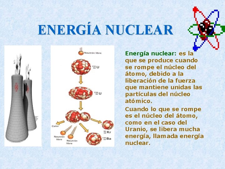 ENERGÍA NUCLEAR Energía nuclear: es la que se produce cuando se rompe el núcleo