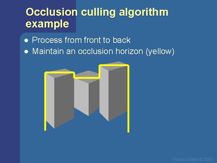 Occlusion culling algorithm example l l Process from front to back Maintain an occlusion