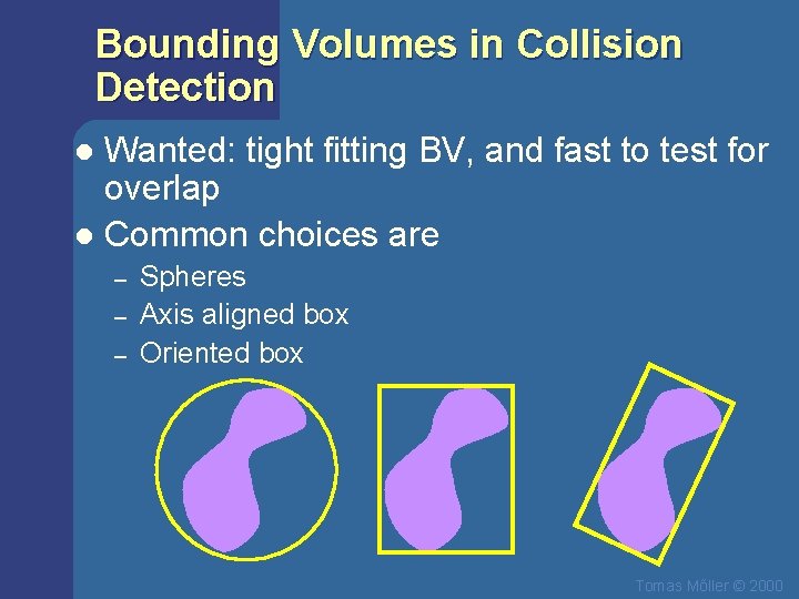 Bounding Volumes in Collision Detection Wanted: tight fitting BV, and fast to test for