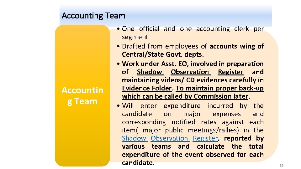 Accounting Team Accountin g Team • One official and one accounting clerk per segment Accounting Team Accountin g Team • One official and one accounting clerk per segment