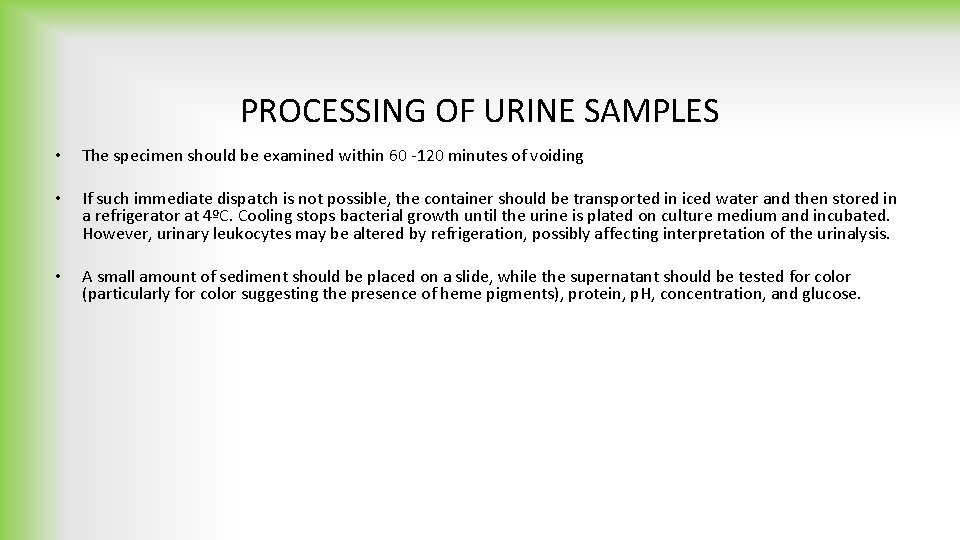 PROCESSING OF URINE SAMPLES • The specimen should be examined within 60 -120 minutes