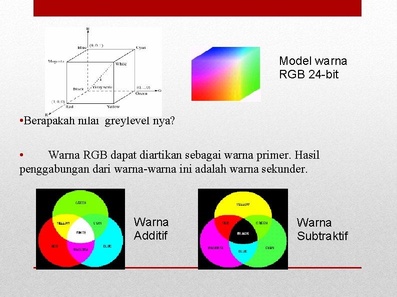 Model warna RGB 24 -bit • Berapakah nilai greylevel nya? • Warna RGB dapat