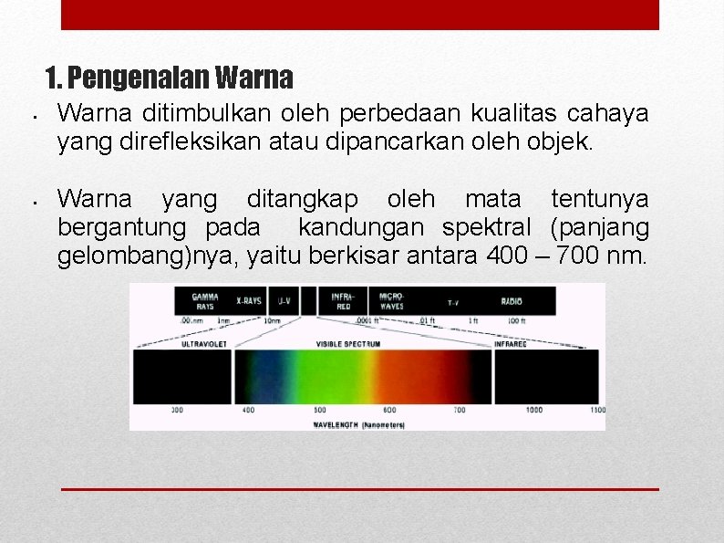 1. Pengenalan Warna • • Warna ditimbulkan oleh perbedaan kualitas cahaya yang direfleksikan atau