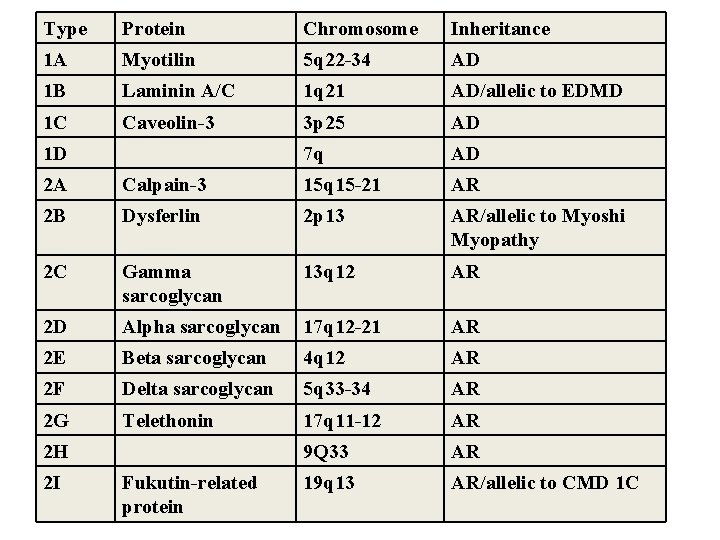 Type Protein Chromosome Inheritance 1 A Myotilin 5 q 22 -34 AD 1 B