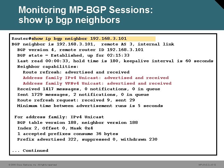 Monitoring MP-BGP Sessions: show ip bgp neighbors Router#show ip bgp neighbor 192. 168. 3.