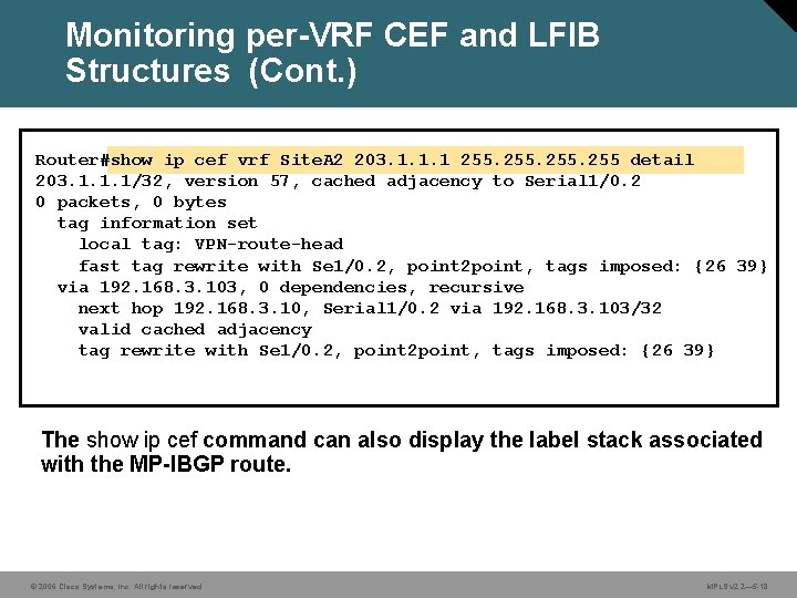 Monitoring per-VRF CEF and LFIB Structures (Cont. ) Router#show ip cef vrf Site. A