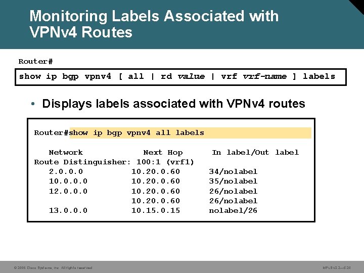 Monitoring Labels Associated with VPNv 4 Routes Router# show ip bgp vpnv 4 [