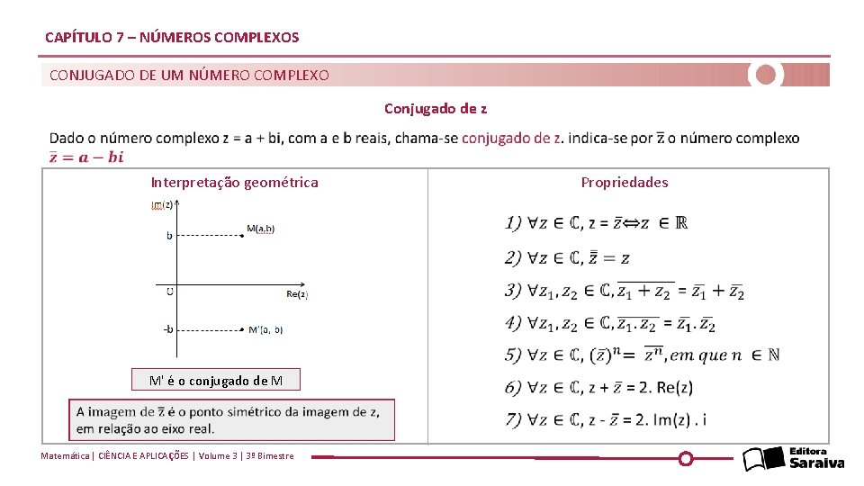 CAPÍTULO 7 – NÚMEROS COMPLEXOS CONJUGADO DE UM NÚMERO COMPLEXO Conjugado de z Propriedades