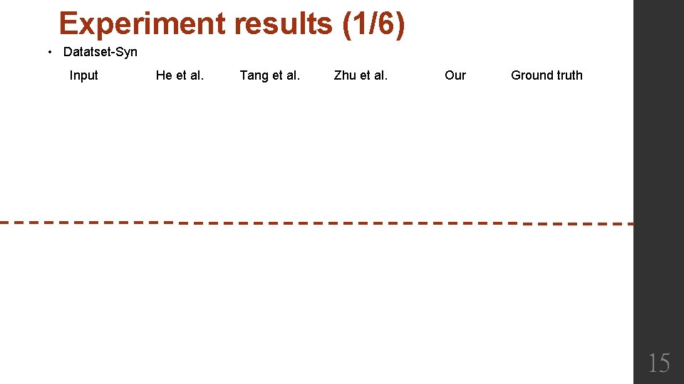 Experiment results (1/6) • Datatset-Syn Input He et al. Tang et al. Zhu et