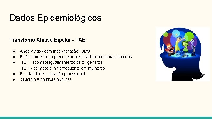 Dados Epidemiológicos Transtorno Afetivo Bipolar - TAB ● ● ● Anos vividos com incapacitação,