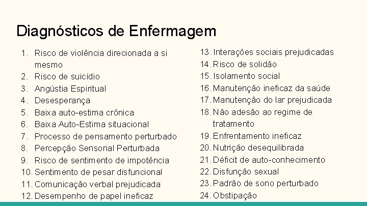 Diagnósticos de Enfermagem 1. Risco de violência direcionada a si mesmo 2. Risco de