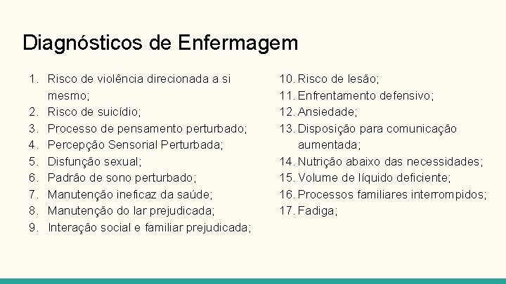 Diagnósticos de Enfermagem 1. Risco de violência direcionada a si mesmo; 2. Risco de
