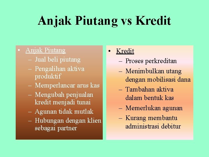 Anjak Piutang vs Kredit • Anjak Piutang • Kredit – Jual beli piutang –